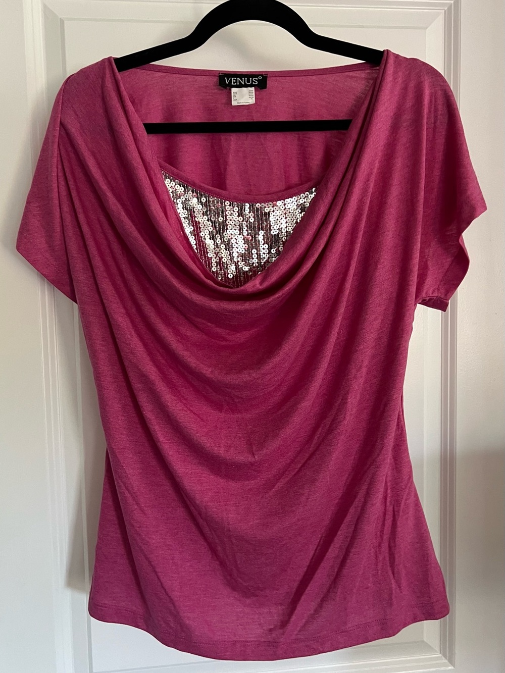 VENUS Fuchsia Draped Neck Tee with Silver Sequin Inset